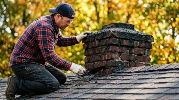 Mason rebuilding a wind-damaged chimney top in Boulder